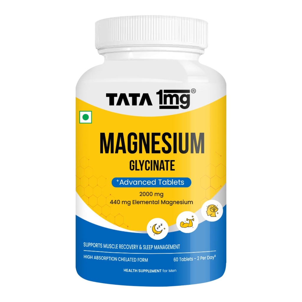 TATA 1mg Magnesium Glycinate Tablets | 2000mg | High Absorption Chelated form for Muscle Recovery, Sleep & Nerve Health | 2000mg Per Serving – 120 Veg Tablets