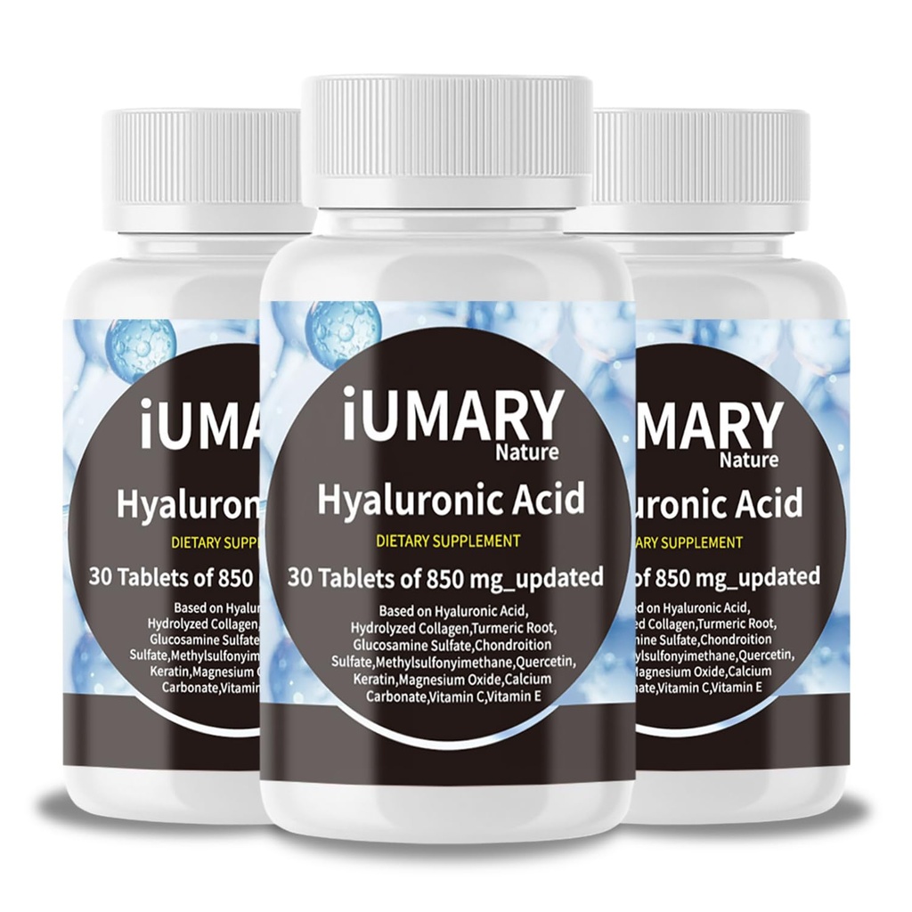 Integratori di acido ialuronico, Acido Ialuronico Dietetico Biodisponibile 850 mg - Supporto congiunto Avanzato con Collageno Idrolizzato, Turrico, Glu-cosamina, MSM, Vitamina C – 30 compresse(Pack of 3)