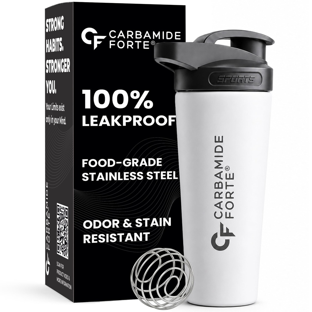 Carbamide Forte Stainless Steel Shaker for gym Bottle 800ml | Leakproof Protein Shaker Bottle with Stainless Steel Mixing Ball | Odour & Stain Resistant Gym Shaker Bottle for Protein Shakes, Creatine, BCAA & Pre-Workout
