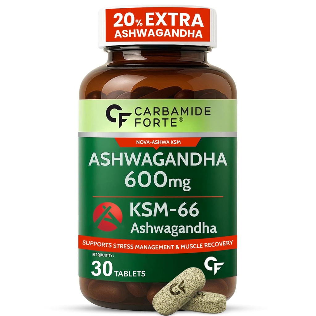 Carbamide Forte Ashwagandha KSM66 600mg - 30 Tablets I KSM 66 Ashwagandha Tablets for Men & Women | Supports Stress Management & Muscle Recovery