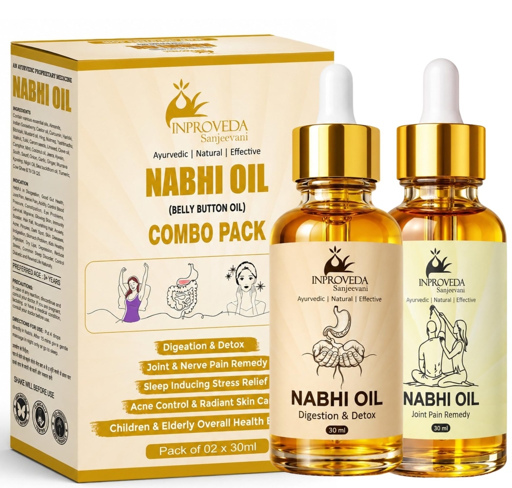 Digestion-Detox & Joint-Nerve Pain Relief Nabhi Oil | Inproveda Nabhi Oil for Ayurvedic Multi Benefit Belly Button Oil for Daily Wellness & Relaxation | नाभि तेल | Combo Pack of 30ml + 30ml=60ml