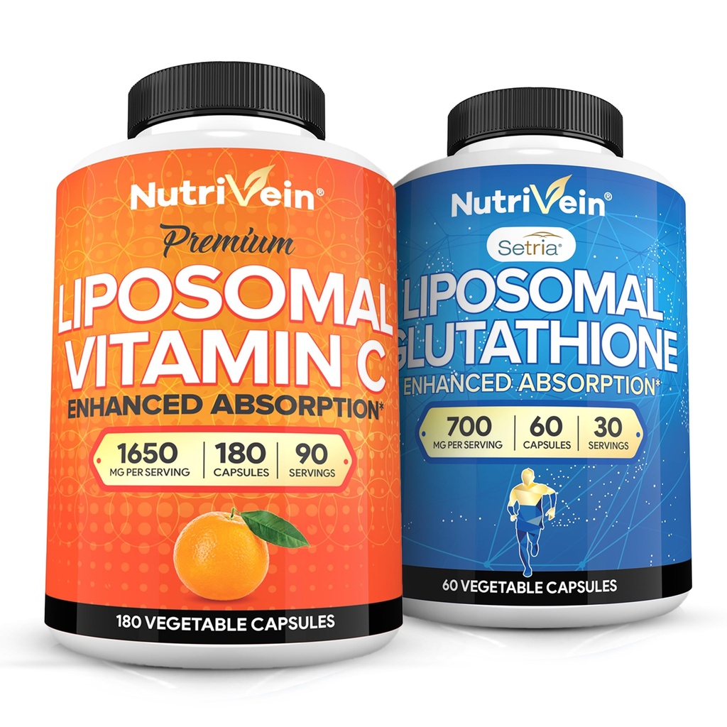 Nutrivein Premium Liposomal Vitamin C 1650mg & Liposomal Glutathione Bundle - Acido ascorbico ad alto assorbimento Plus Master Antioxidant & Liver Cleanse - Non-GMO, Vegan/Vegetarian - 180 + 60 capsule