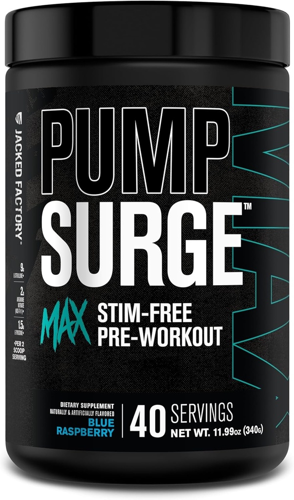 Prélèvement de pompe d'usine Jacked Max Stim sans entraînement - Préentraînement sans caféine haute performance avec L-Citrulline, N03-T nitrate d'arginine et glutathion - 40 portions, framboise bleue