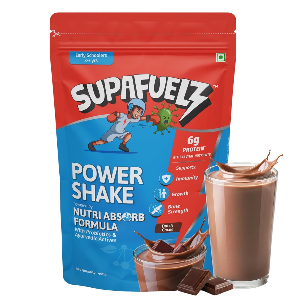 Supafuelz Power Shake 3-7yr kids | Height & Strength Drink | 6g Protein, 33 Nutrients, Probiotics, Ayurvedic Actives | Nutrition Support for Growth, Focus & Immunity | Chocolate 400g | Safe Nutrition Drink For Kids