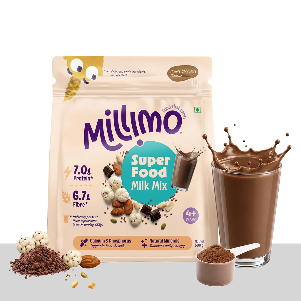 Millimo SuperFood Milk Mix Double Chocolate | 7g Protein & 6.7g Fibre per Serving | Makhana, Almonds, Pumpkin Seeds, Peanuts & Ragi | No Refined Sugar | Kids Health Drink 4+ Years | 500g