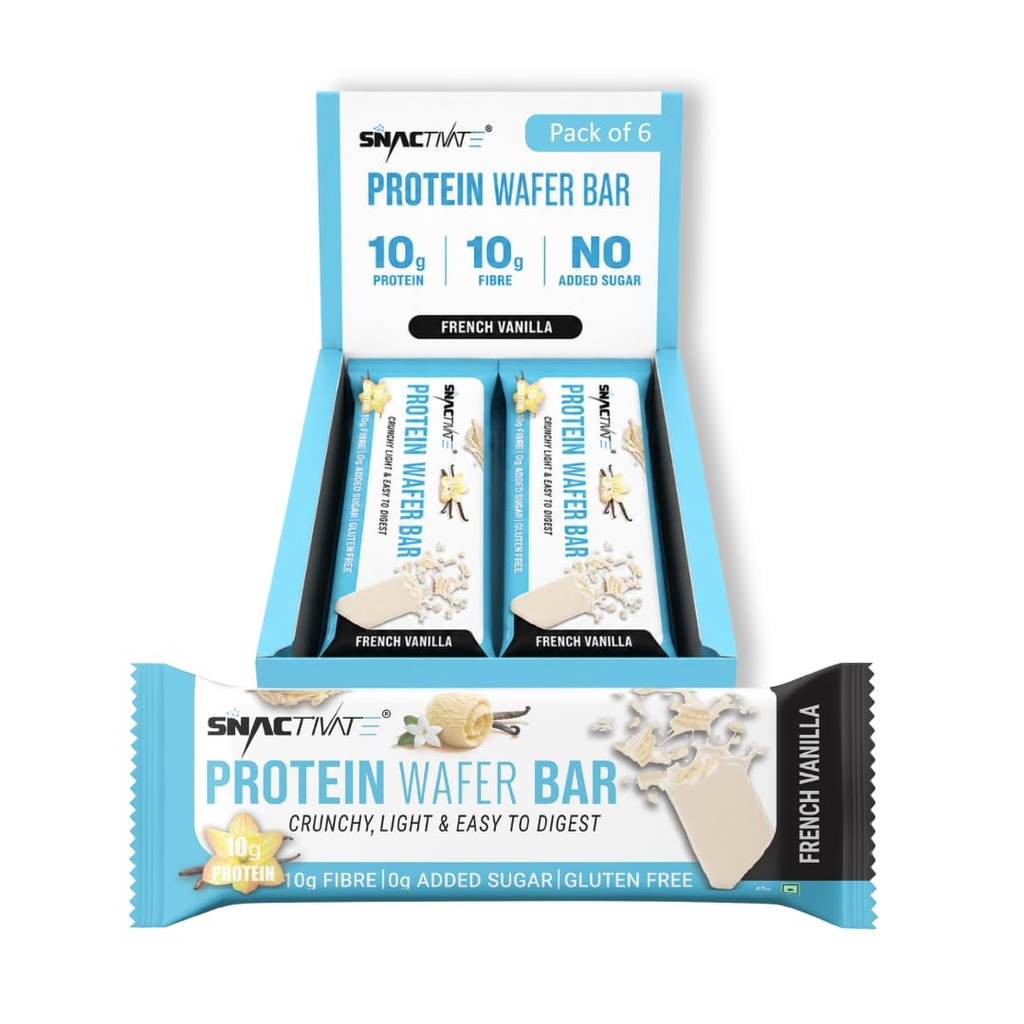 Snactivate India’s 1st Protein Wafer Bar - French Vanilla (Pack of 6, 40g Each) | Real Whey | 10g Protein & 10g Fibre | Zero Added Sugar | No Maida | Crunchy & Healthy Snack