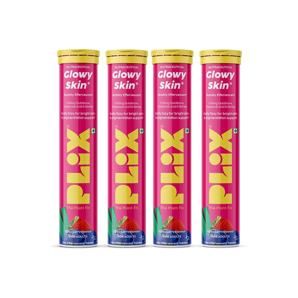 The Plant Fix Plix Glutathione Effervescent Tablets for Clear, Glowing & Youthful Skin | 600mg Glutathione, Vit E & Hyaluronic Acid | No Maltodextrin, No Sugar | Strawberry (Pack of 4)