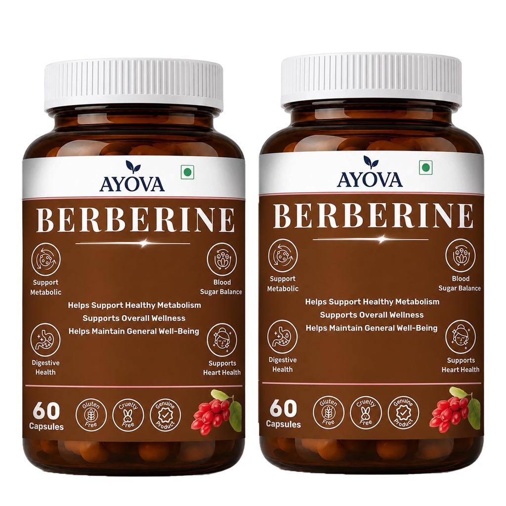 Berberine Capsules Supports Blood Sugar, Heart Health, Cholesterol Management, PCOS/PCOD | Berberine Supplement For Blood Sugar Control, Weight Management - 95% Pure Extract (Pack of 2)
