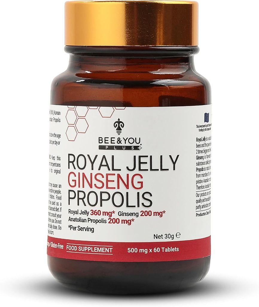 Bee and You Royal Jelly avec tablette Ginseng, extrait de propolis, 60ct, 100% naturel Superfood, Ultra Pure, supplément de soutien immunitaire, antioxydants, Keto, Paléo, sans gluten