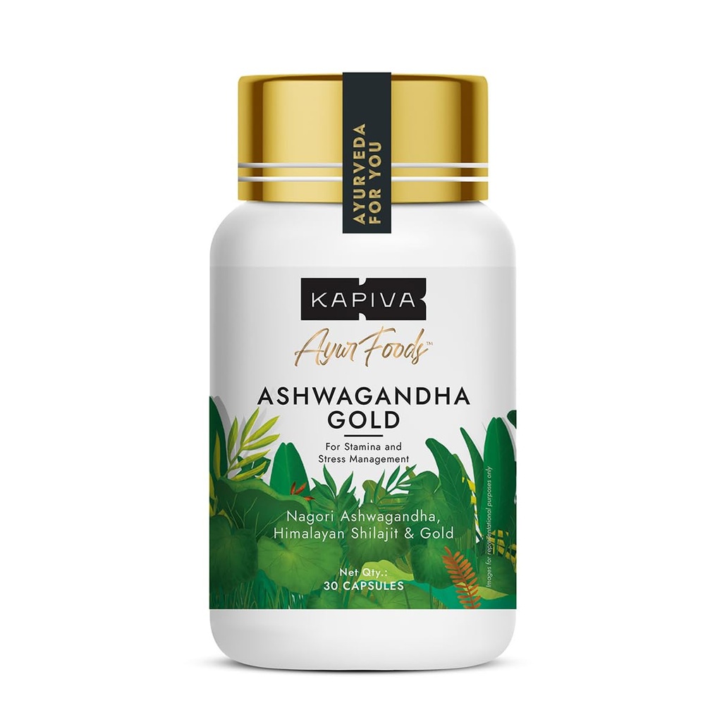 Kapiva Ashwagandha Gold Capsules, 183rd day harvested Potent Nagori Ashwagandha With Gold, Shilajit | Helps in Stress Management, Improve Energy and Stamina | For Men & Women (30 Capsules)