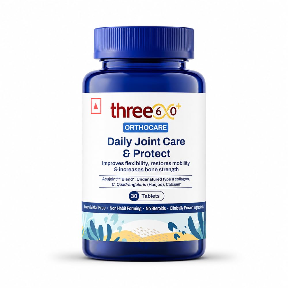 three60+ Daily Joint Care & Protect Tablets, Clinically Researched for Knee, Bone & Cartilage, Arthritis Support | with Acujoint, UC-II Collagen, Hadjod, Curcumin & Calcium+D3+K2 | Improves Mobility & Reduces Stiffness | (30 Tablets) | Pack of 1