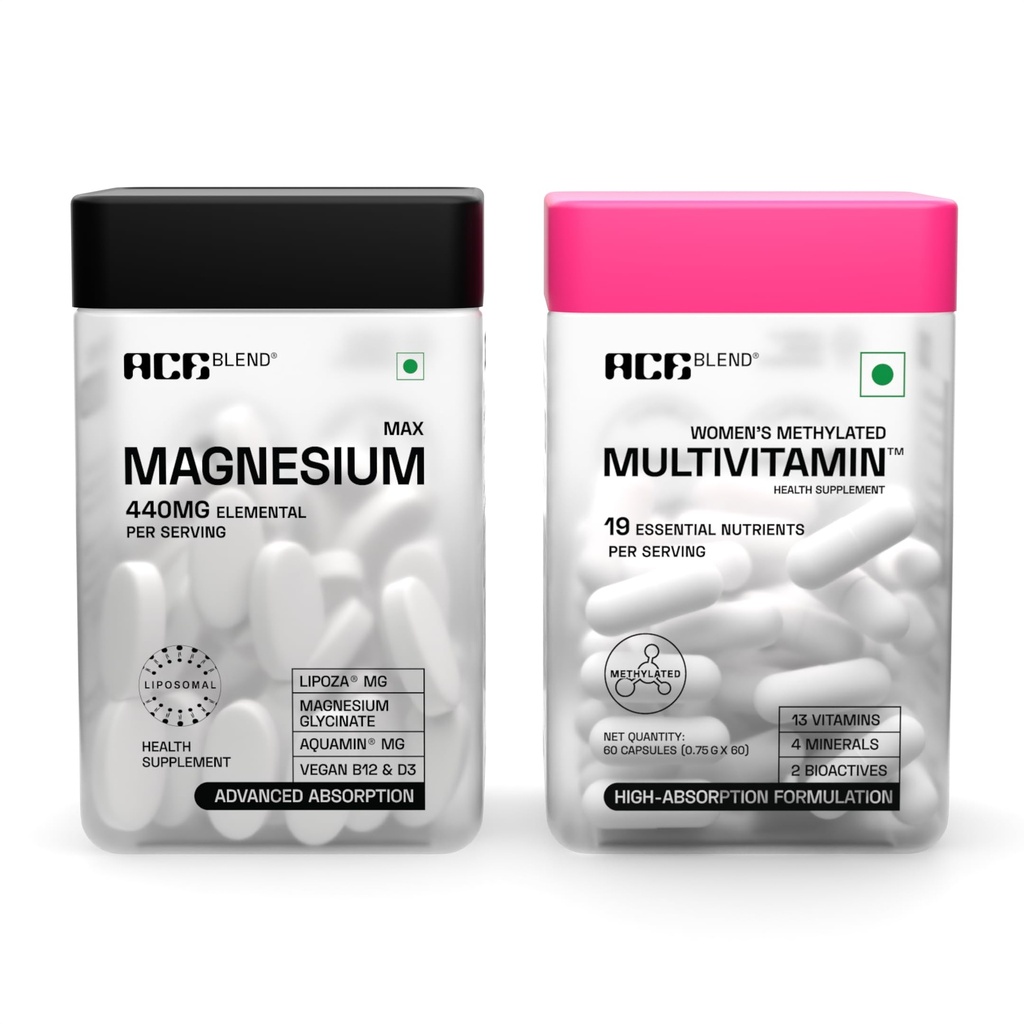 Ace Blend Max Magnesium Glycinate + Multivitamin For Women | 1600mg Triple Complex, 440mg Elemental Magnesium | With Iron & Methylated Multivitamin | Promotes Deep Sleep & Hormonal Balance (60 Tabs)