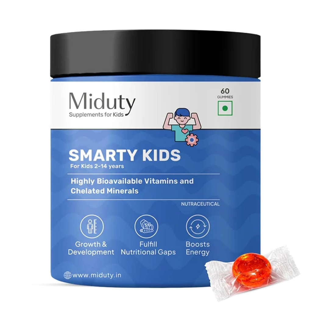 Miduty Multivitamin Gummies- Smarty Kids | No Added Sugar | Natural Strawberry Flavour | Chelated Minerals, Iron & Vitamins - For Energy, Growth & Nutrient Support in Kids | 60 Gummies