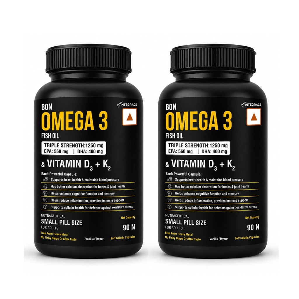 Fish Oil 1250mg with Vitamin D3 & K2, 90 Softgels (Pack of 2) | 3X Triple Strength 560mg EPA & 400mg DHA | Supports Heart, Bone Health, Brain & Immunity | Easy to Swallow Small Pills | Non-GMO, Burpless Anti-Reflux, No Heavy Metals