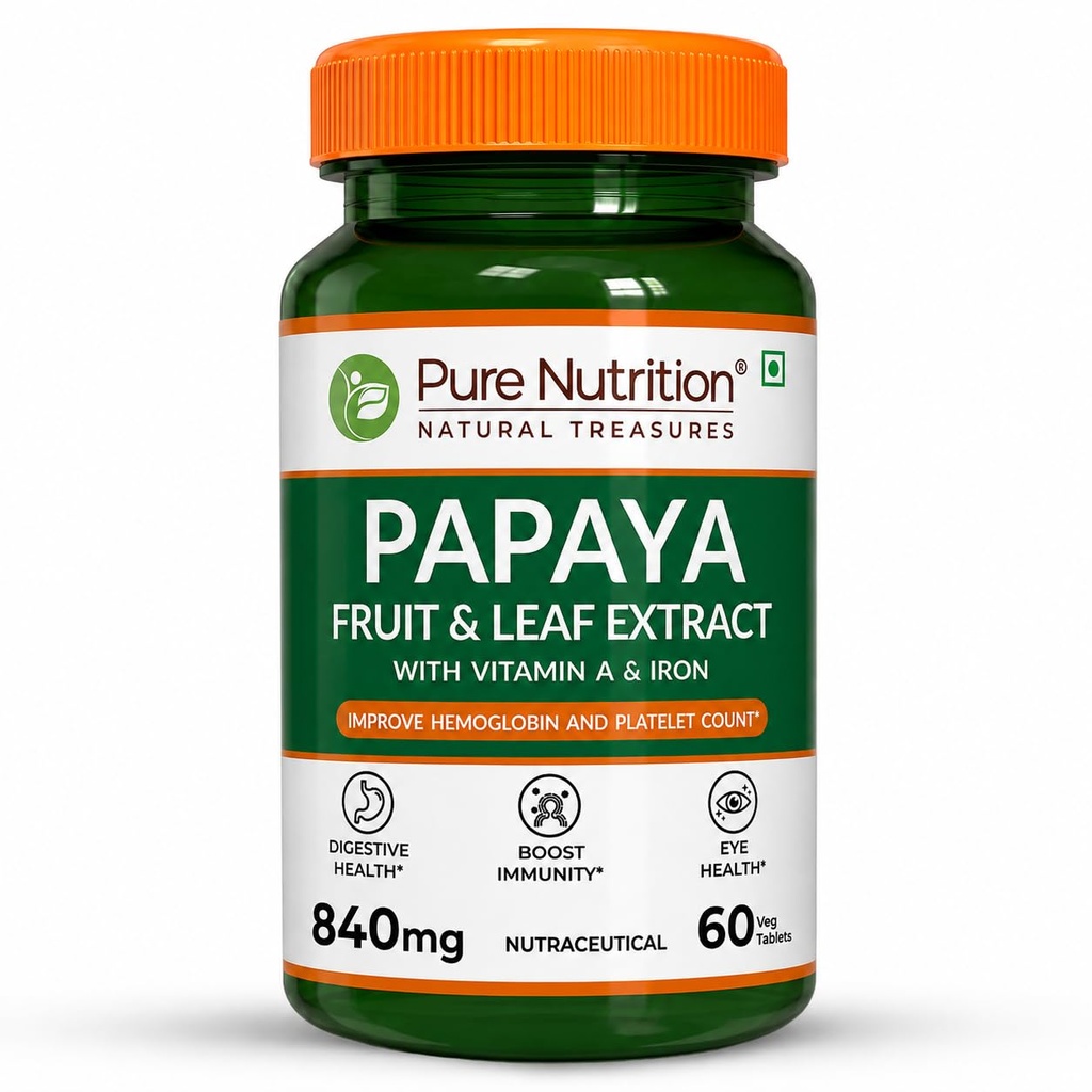 Pure Nutrition Papaya Leaf & Fruit Extract Tablets | Papaya Supplements With Vitamin C & Iron for Platelet Count, Dengue Relief, Immunity Boost & Better Digestion - 60 Veg Tablets