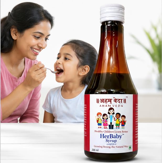 HerBaby Kids Ayurvedic Appetite Tonic for Picky Eaters | Supports Hunger, Growth & Immunity | Ashwagandha + 9 Herbs | Herbal Syrup for Children | 200ml, by AhamVeda