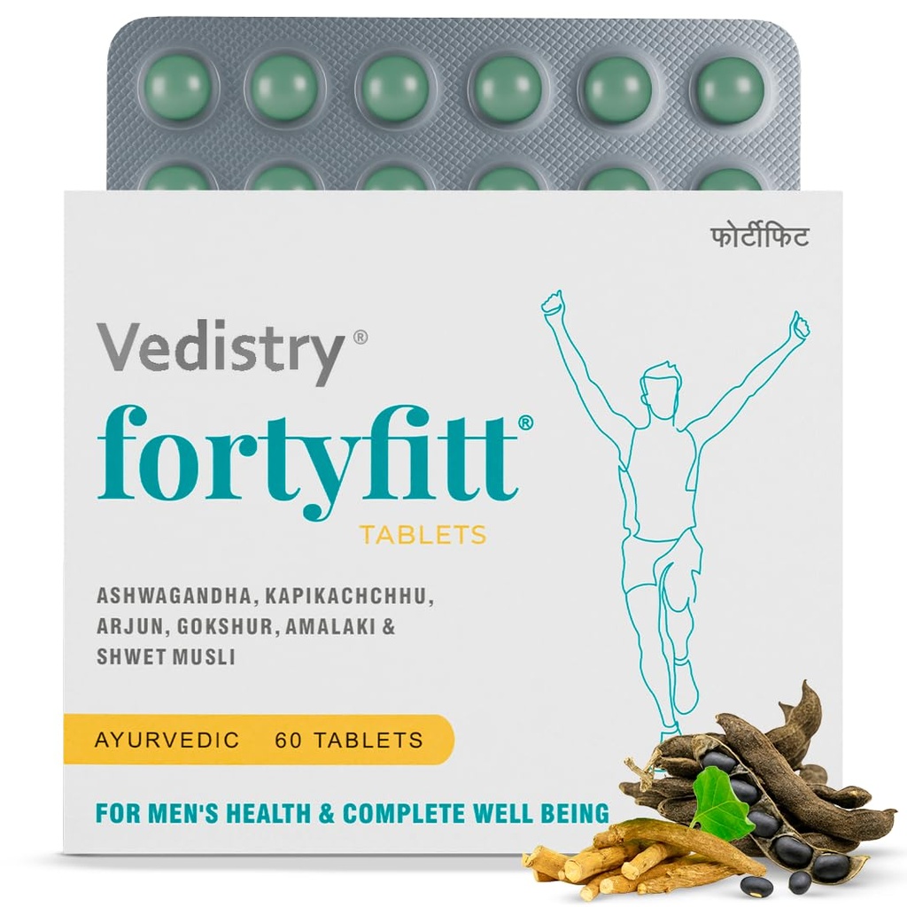 Vedistry Fortyfitt Tablets with Ashwagandha, Amalaki, Arjuna, Brahmi, Guduchi & Gokshur | Ayurvedic Support Boosts Energy, Stamina, and Immunity for Men Above 40 Years | Supports Hormonal Balance, Stress Relief, Heart Health & Metabolism – 60 Tabs - (Pack of 1)