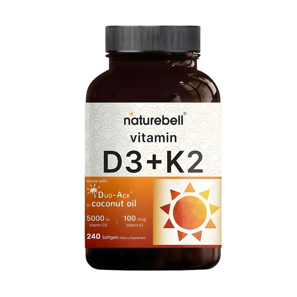 NatureBell Vitamin D3 K2-240 Softgels - 5.000 IE Vitamin D3 & 100mcg Vitamin K2 MK-7 - mit Virgin Coconut Oil - Bone, Heart & Immune Health Support * - Duo-Ack Formula