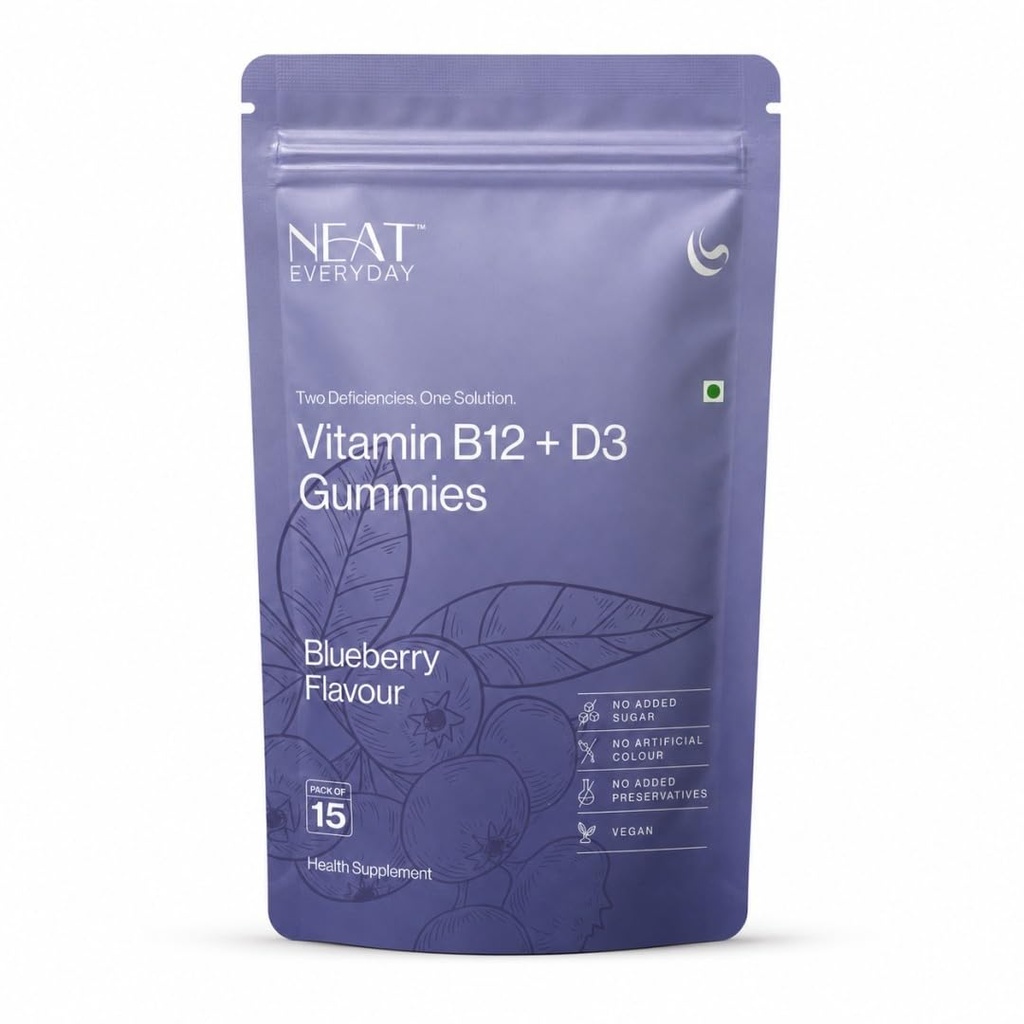 NEAT EVERYDAY Vitamin B12 + D3 Gummies | Blueberry Flavour | No Added Sugar | Vegan Gummies | No Artificial Colour & Preservatives | Health Supplement | Pack of 15