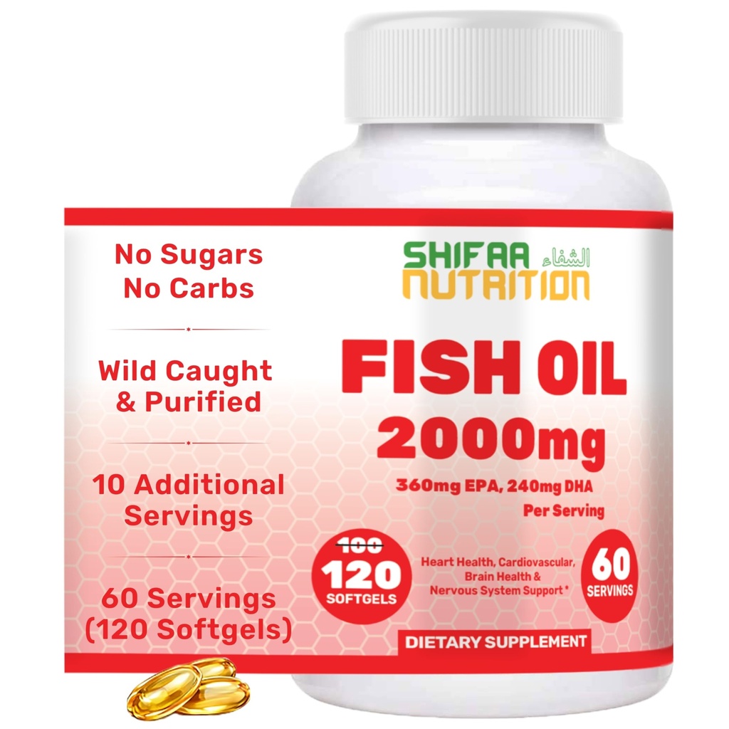 SHIFAA NUTRITION Halal Fish Oil 2000mg Softgels mit 360mg EPA & 240mg DHA. 100 Wild Caught & Non-GMO Omega 3 Softgels für Herz- und Hirngesundheit. Burpless, Easy-to-Swallow Fish Oil Omega 3 Ergänzungen