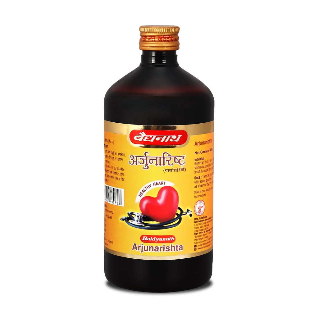 Baidyanath Ayurved Arjunarishta Syrup - 450ml | Helps in Management of Blood Pressure | Helpful in maintaining wellness of Heart Problems (Pack of 1)