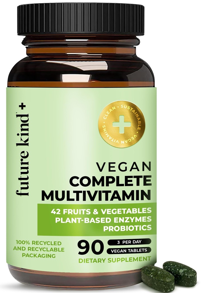 Multivitamines Vegan futures - 42-en-1 Multivitamines Vegan pour les femmes et les hommes avec enzymes, B12, zinc, et probiotiques pour la digestion (90 onglets dans bouteille recyclée)
