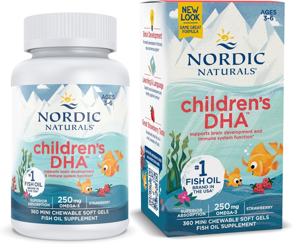 Nordic Naturals Kinder DHA, Erdbeere - 360 Mini Chewable Soft Gels für Kinder - 250 mg Omega-3 mit EPA & DHA - Brain Development & Function - Non-GMO - 90 Portionen