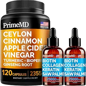 4-in-1 Liquid Biotin Collagen Keratin Saw Palmetto Gocce (2 fl oz - 2 Pack) & 5-in-1 Ceylon Cinnamon w Radice Turmeric & Ginseng (120ct) Bundle - Capelli, Pelle, Unghie, & Integratore di supporto immunitario