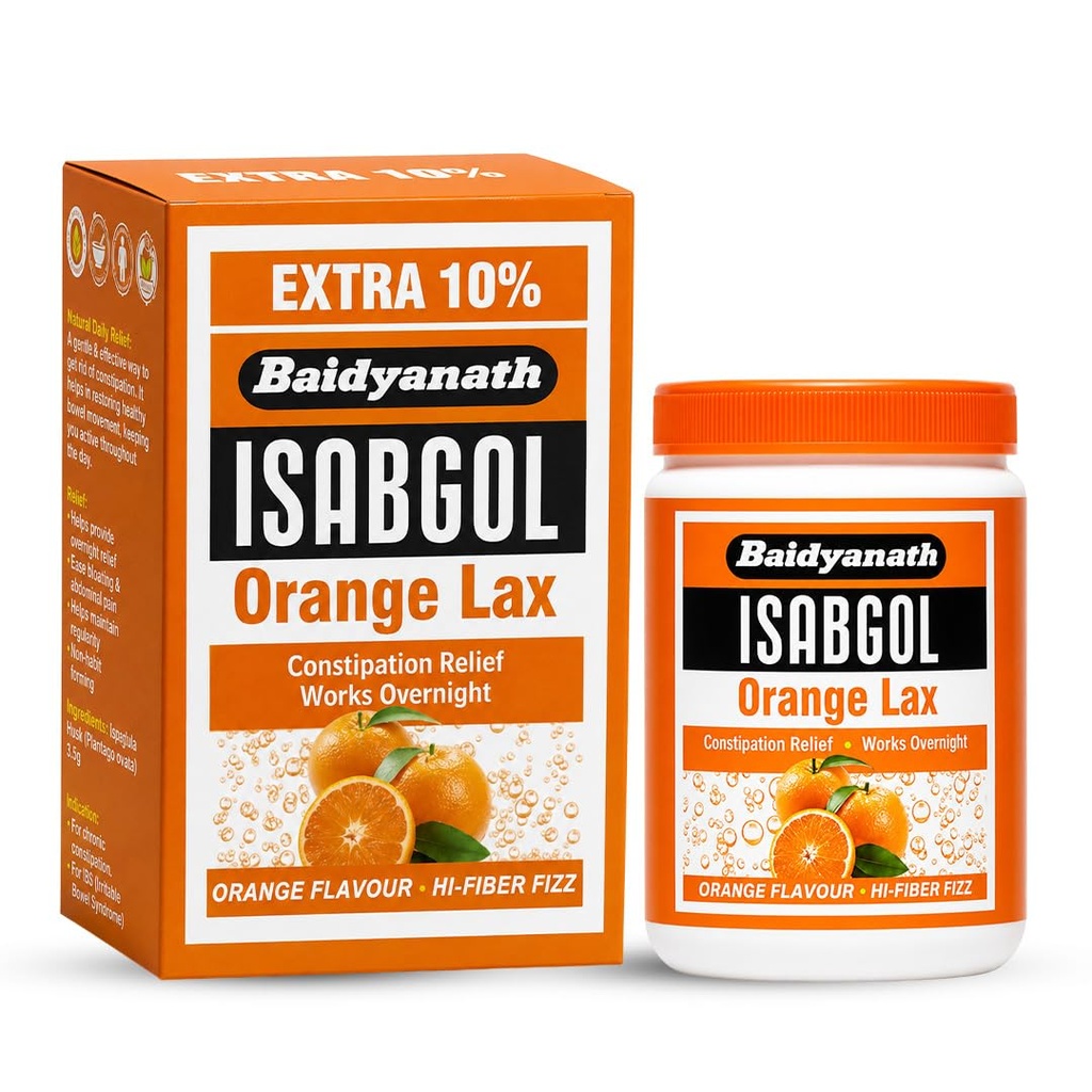Baidyanath Isabgol Psyllium Husk Orange Lax Powder| Tasty Natural Fibre Laxative for Constipation Relief & Digestion | Effervescent, Gluten - 110 g