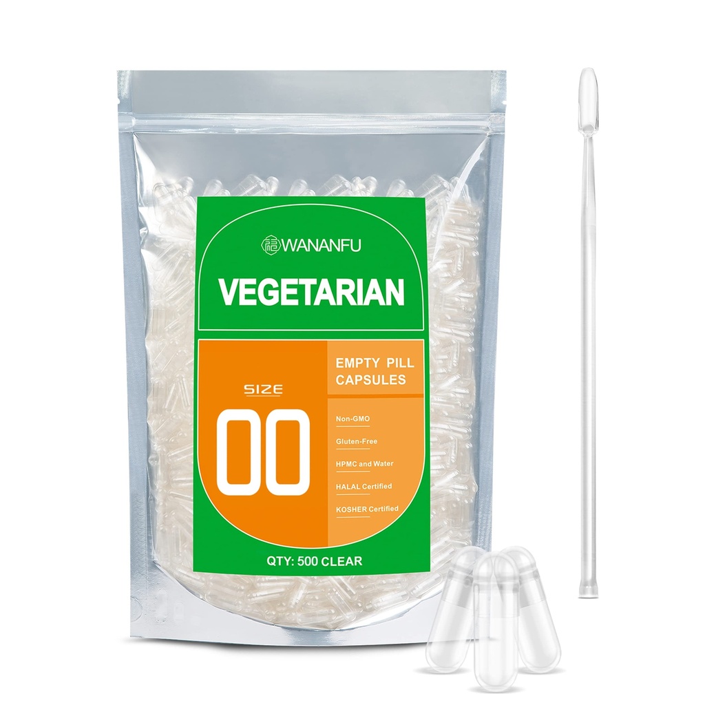 wananfu Größe 00 Leere Kapseln Vegetarisch (500 Zähler) Bundle mit Micro Lab Spoon, Clear Fillable Veggie Pill Kapseln 00 für die Herstellung Ihrer eigenen Ergänzungen
