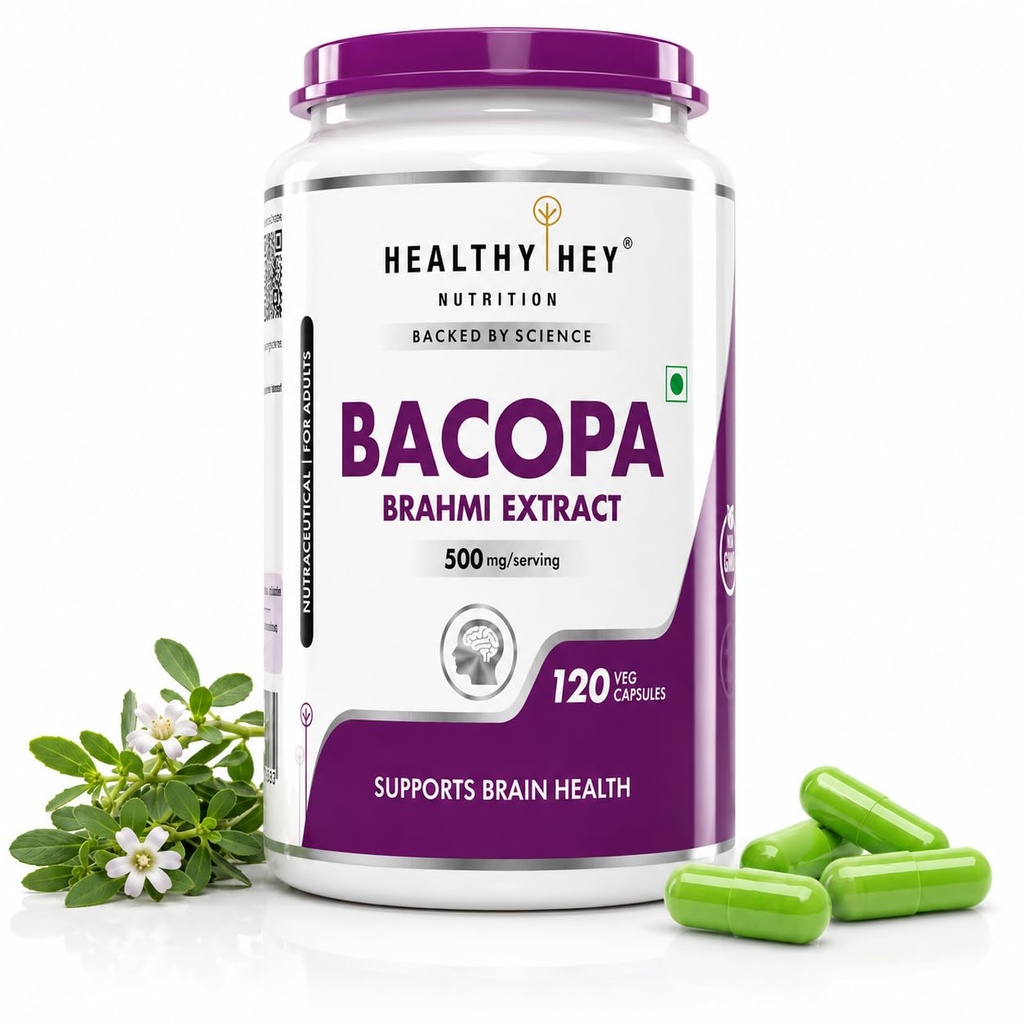 HealthyHey Nutrition Brahmi - Bacopa Monnieri Support Memory and Brain Health - 120 Veg Capsules