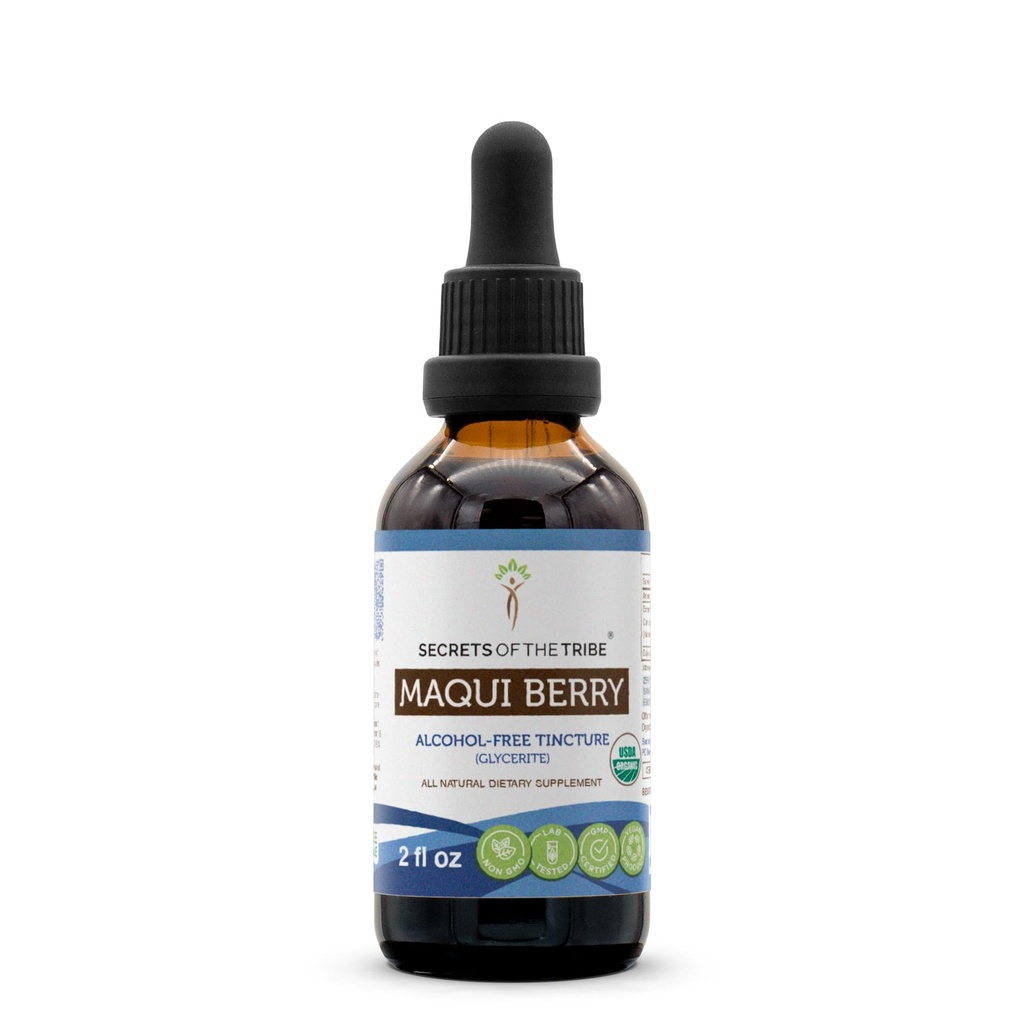 Geheimnisse der Tribe Maqui Berry USDA Organic Tincture Alcohol-Free Liquid Extract, Maqui Berry (Aristotelia chilensis) Getrocknete Berry (2 FL OZ)
