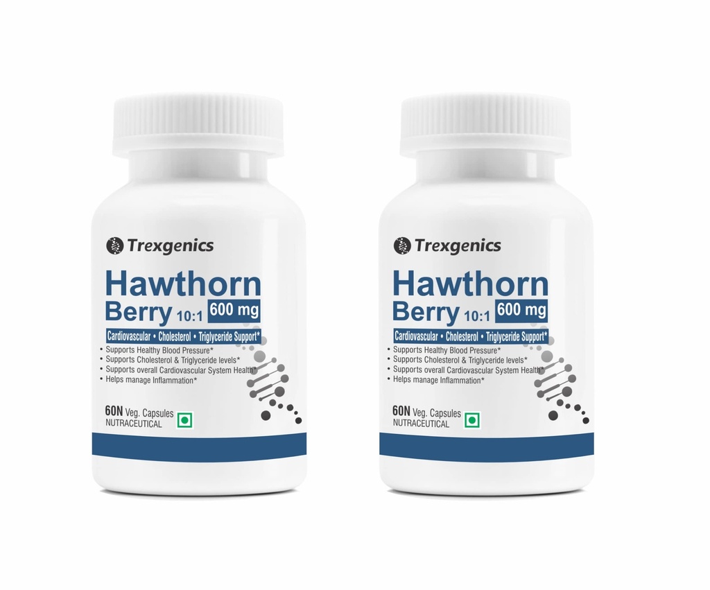 Trexgenics HAWTHORN BERRY 600 mg Cardiovascular, Cholesterol, triglycerides, Blood Pressure Support VEGAN & NON-GMO (60 Veg. Capsules) (Pack of 2)