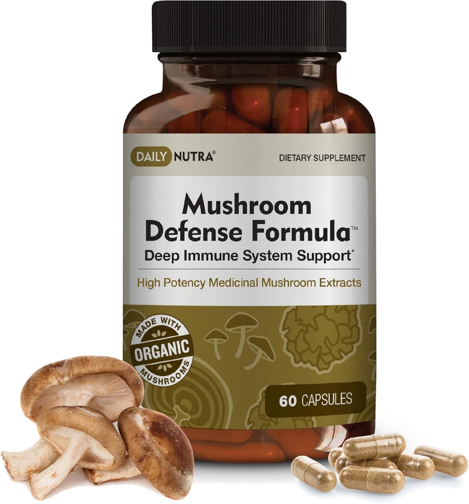 DailyNutra Mushroom Defense Formula - Integratore di supporto immunitario | Funghi organici, Acqua calda estratta - Reishi, Chaga, Maitake, Shiitake & Turkey Tail (60 capsule)
