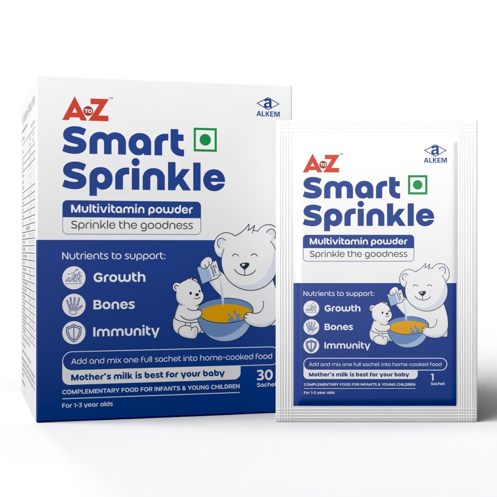 A to Z Smart Sprinkle Nutrition Powder for Kids 1-3 Years | Multivitamin & Multimineral Food Supplement with Iron, Zinc, Vitamin C & Vitamin D3 | Supports Growth, Bone Health & Immunity | Neutral Taste | 30 Sachets