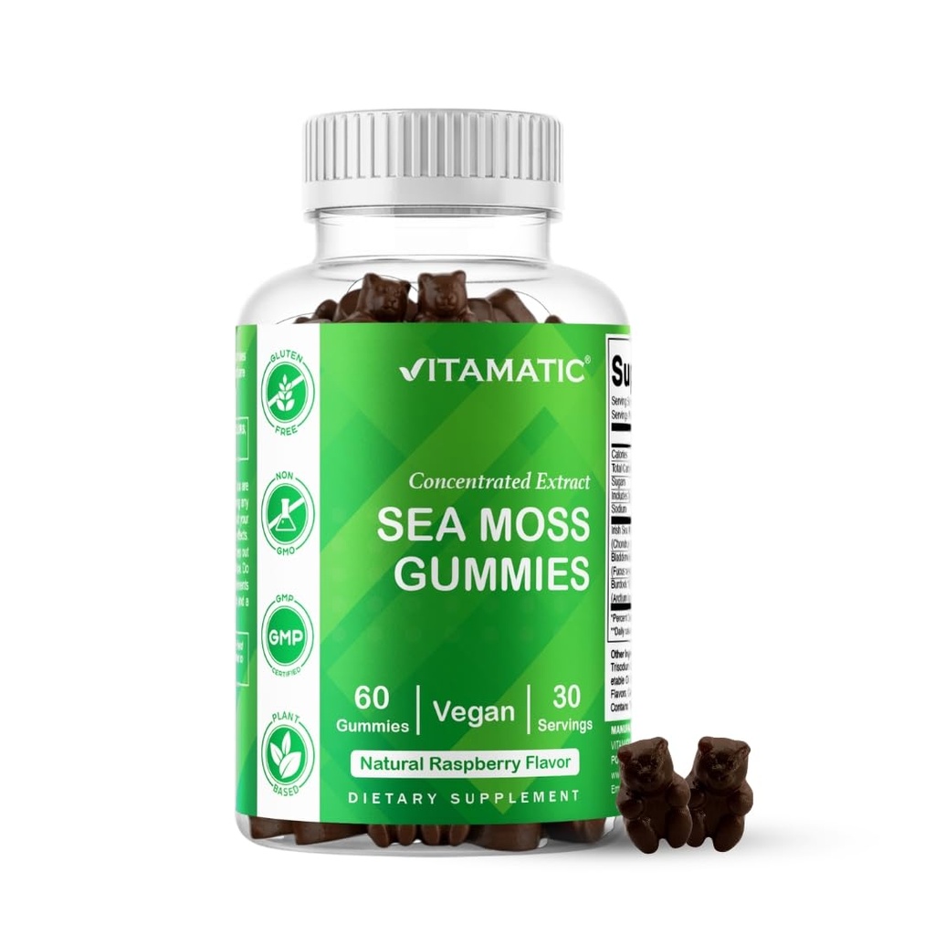 Gommies de mousse de mer d'Irlande vitamatique – 3000 mg Équivalent par portion (extrait 132,5 mg) – 60 Ct – Fabriqué avec de la racine de bradderwrack et de lard – 2 paquets