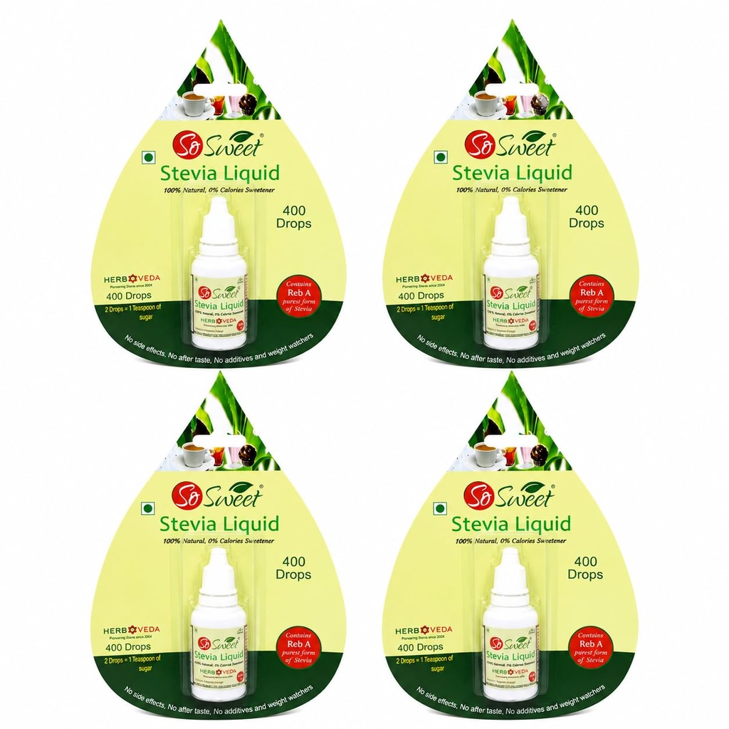 So Sweet Stevia Liquid Sugar Free Natural Zero Calorie Sweetener (Pack of 4, 1600 Drops - 400 Drops Each)
