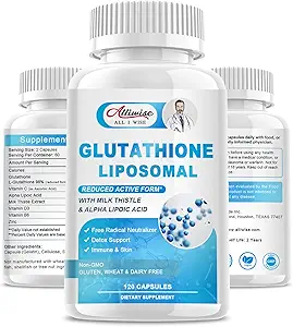Glutathion liposomique 1000mg, supplément de glutathion avec chardon de lait 200mg, acide alpha lipoïque 300mg et vitamine C 500mg, soutien de santé immunitaire, soutien du foie, soutien de la peau