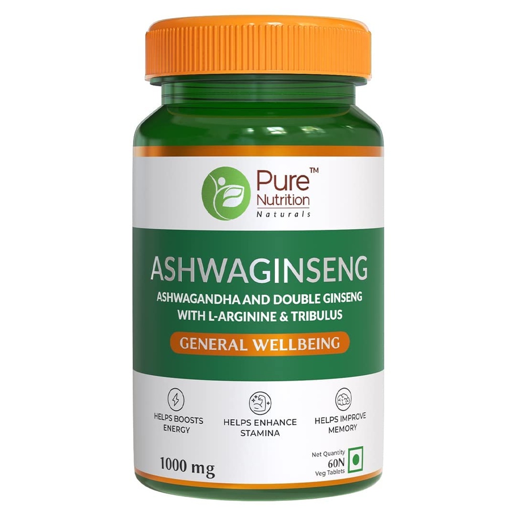 Pure Nutrition Ashwaginseng Supplements 1000mg | Ashwagandha Tablets with Double Ginseng, L-Arginine & Tribulus For Energy, Stamina, Stress Relief & Performance - 60 Veg Tablets