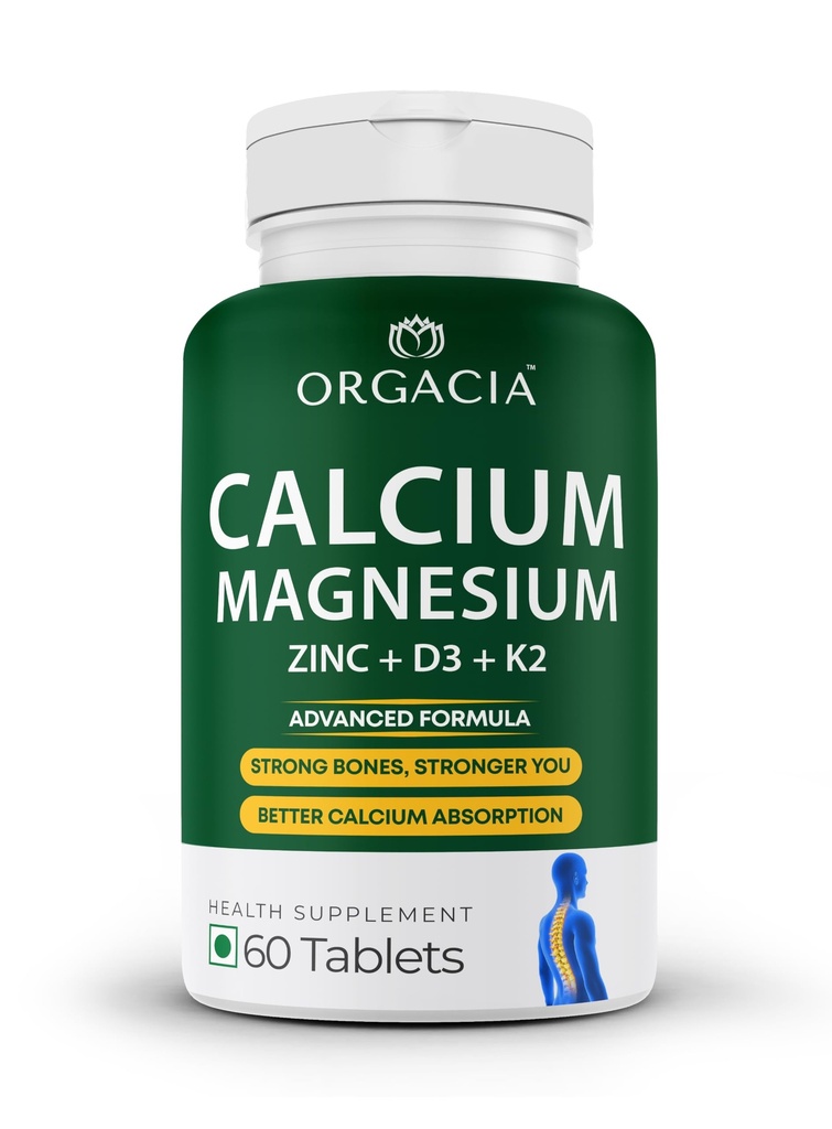 Calcium Magnesium Zinc with Vitamin D3 & K2 (MK-7) | High Absorption Calcium Citrate Malate Supplement with Alfalfa & Moringa | Supports Bone Health, Joints & Immunity – 60 Veg Tablets