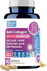 Collagène Peptides l Biotin l Keratin l Acide hyaluronique l Saw Palmetto - Vitamines de croissance des cheveux pour les femmes et les hommes - Suppléments Blocker Dht 90 Capsules USA Made