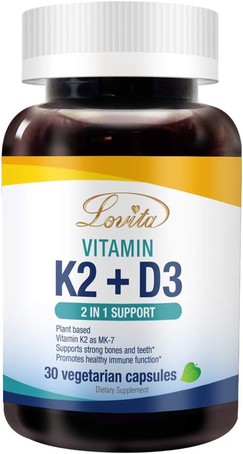 Lovita Vitamine K2 + D3, 400 UI Vitamine Végétale D3 & 120 mcg Vitamine K2 (MK-7), 2 en 1 Formule, Complexe Vitamine Immune, 30 Capsules Végétariennes