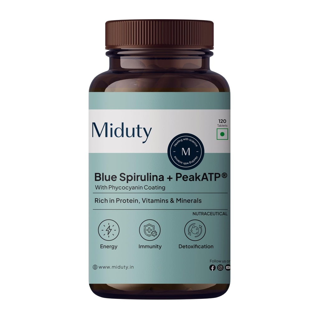 Miduty Blue Spirulina + Peak ATP - Energy & Muscle Fatigue Support - 40+ Nutrients, 65% Plant Protein, Phycocyanin-Rich Superfood - Immunity & Detox Support - 120 Tablets