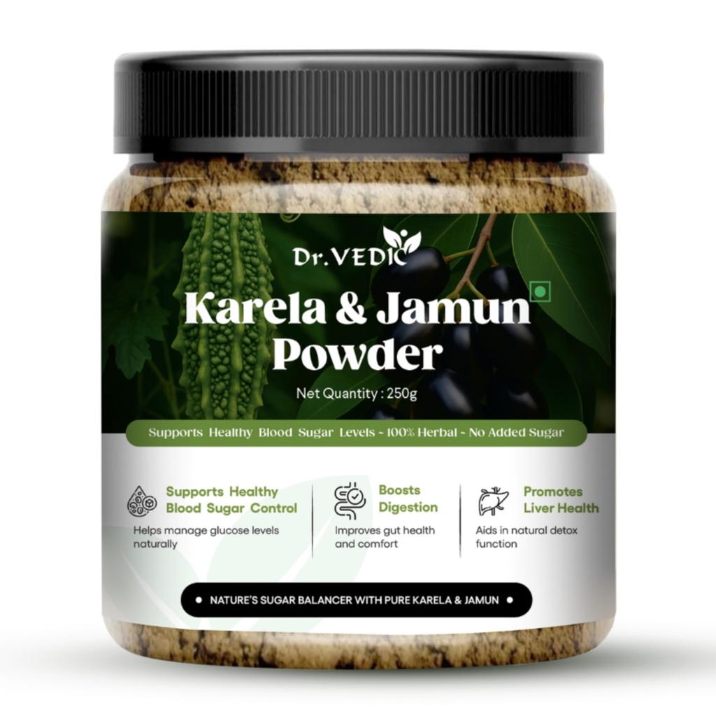 Dr Vedic Karela Jamun Powder | With Gudmar, Amla & 20 Ayurvedic Herbs | Sugar Management, Digestion & Detox Support | No Added Sugar – 250g (Pack Of 1)