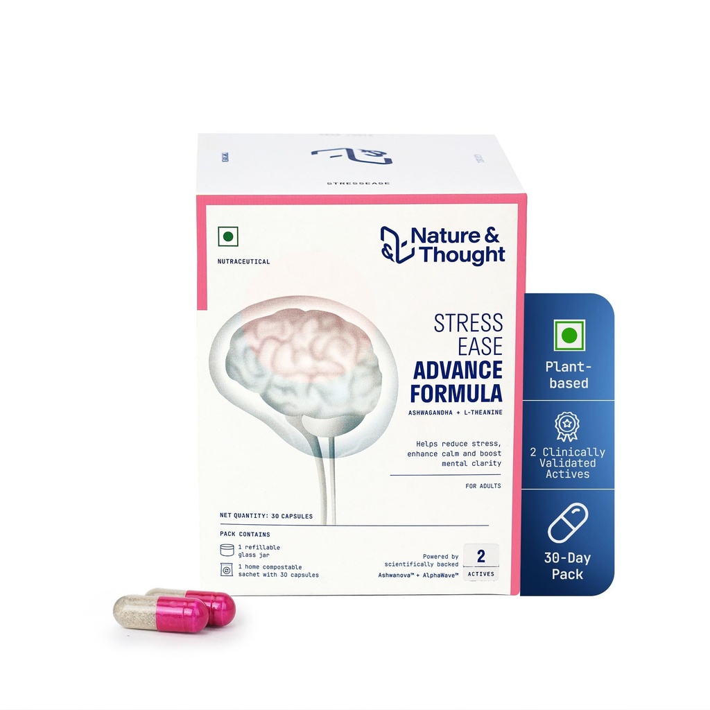 Nature & Thought Stress Ease Advance Formula | Clinically Validated Ingredients | Extended Release Ashwagandha ASHWANOVA™ & Alphawave™ L-Theanine | Stress Relief, Relaxation & Mental Clarity | 30N Veg Capsules