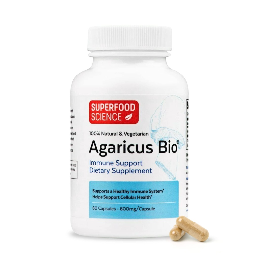 Agaricus Bio 600 mg, Natural Killer Cell Activity - USA-Grown Organic Agaricus Blazei Murill Mushroom für Immununterstützung, Leber- und Zellgesundheit, High Beta Glucan Supplements, 60 Caps