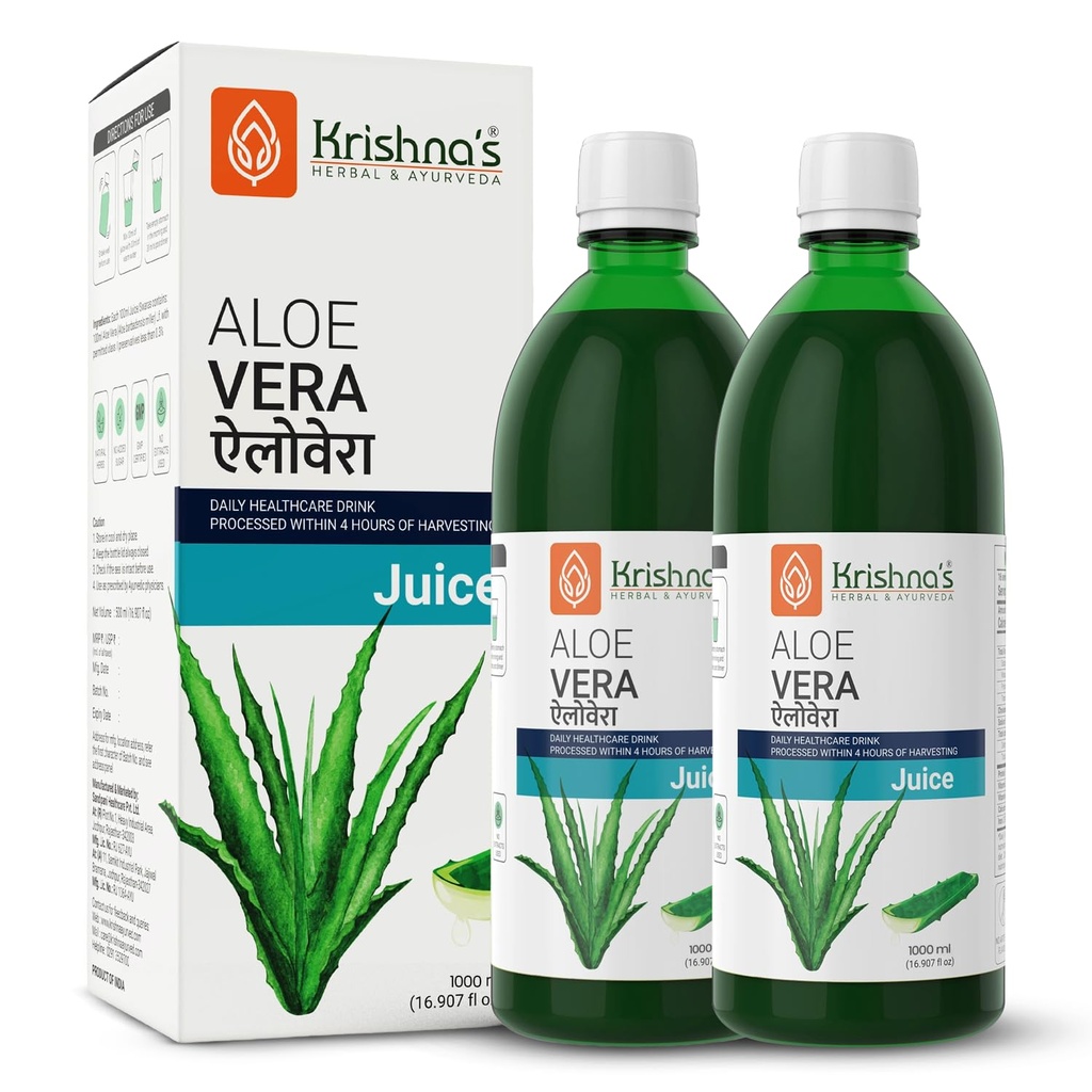 KRISHNA'S HERBAL & AYURVEDA Pulpy Aloe Vera Juice - 1000 ml (Pack Of 2) | From Deserts Of Rajasthan | Sugar Free |Daily Drink | Rejuvenates Skin And Hair