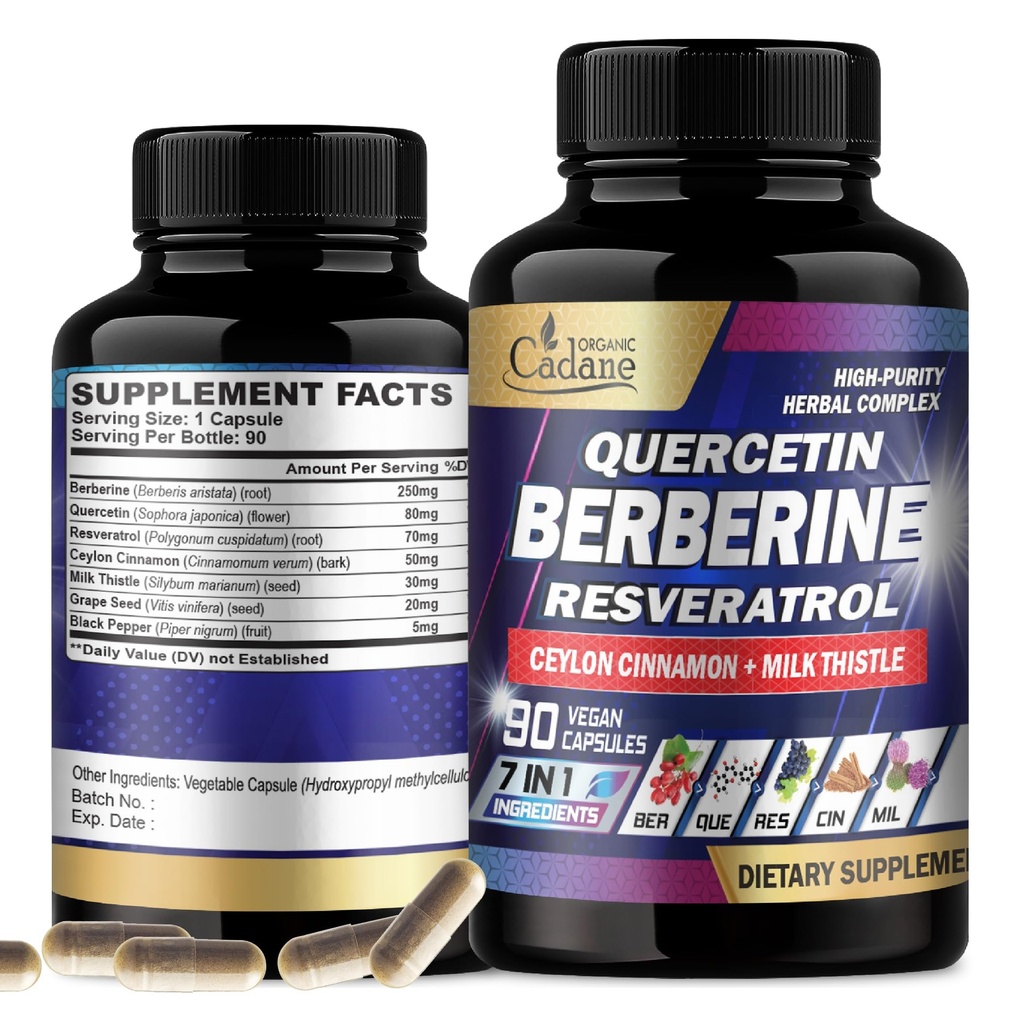 Supplément berbérique bio de Cadane 7in1 avec Quercetin, Ceylan Cinnamon, Resvératrol, Thistle de lait, Graines de raisin et Poivre noir - 90 capsules pour 3 mois d'approvisionnement - Immunity Health Support