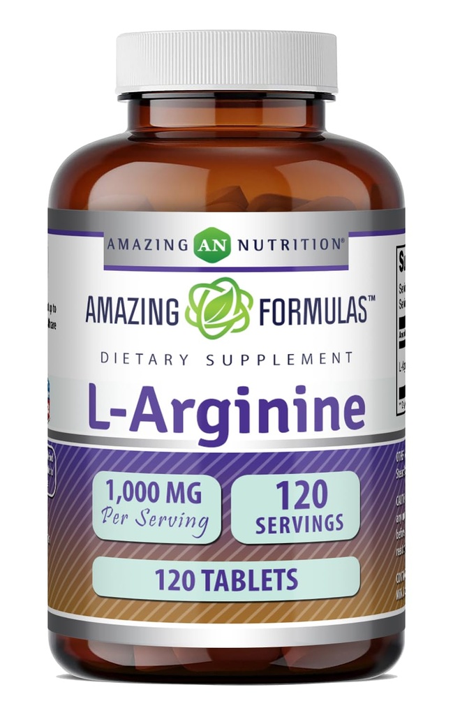 Formules étonnantes Supplément L-Arginine $ 1000 Mg par portion $ Comprimés $ Supplément Amino Acid pour les femmes et les hommes $ Non-GMO $ Sans gluten $ Fabriqué aux États-Unis (1 Pack $ 120 Comte)