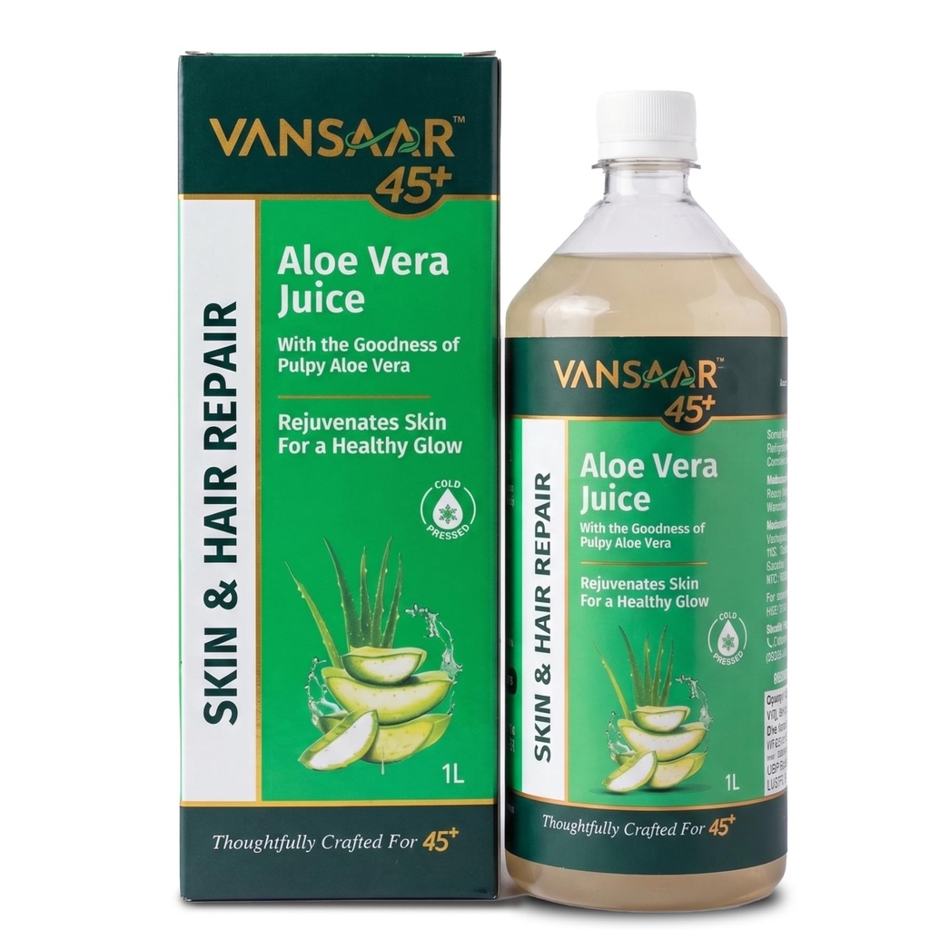 Vansaar Aloe Vera Juice - 1L | For Glowing Skin & Healthy Hair | 100% Natural, Cold Pressed with Pulp